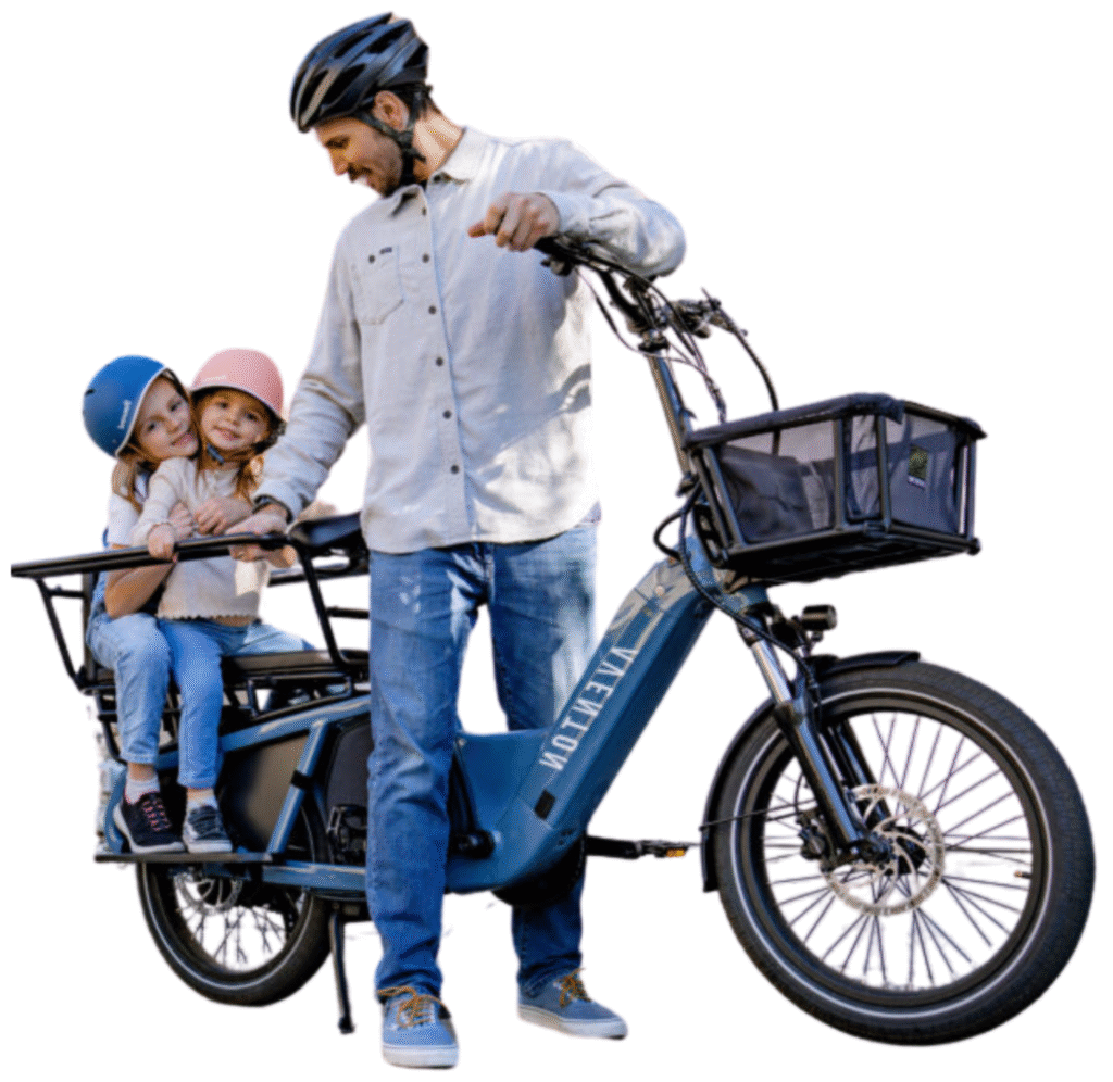 Man with 2 kids riding a blue electric bike rental | Big Bear electric bike rentals