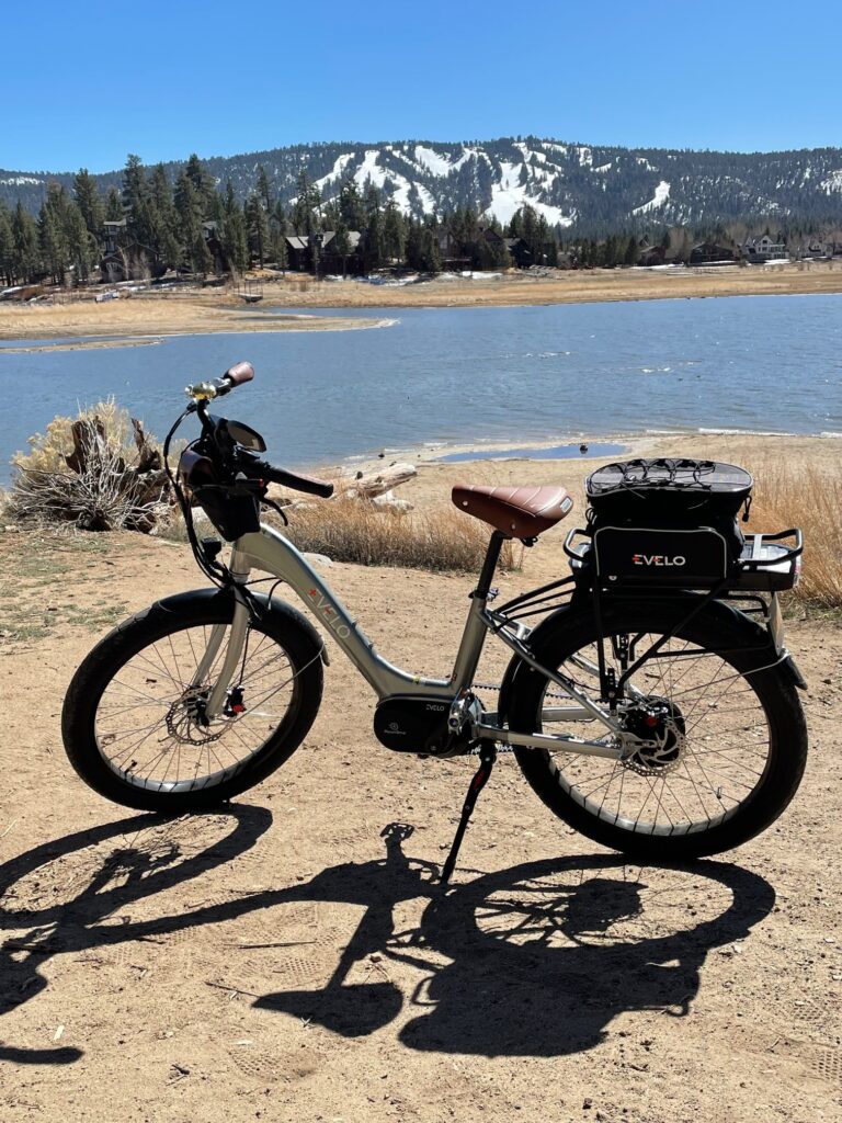 electric bike on a path next to Big Bear Lake