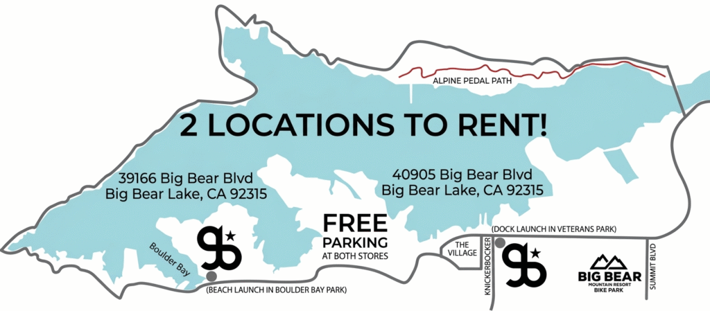 Map showing the two GetBoards kayak rental locations in Big Bear Lake with free parking at both stores