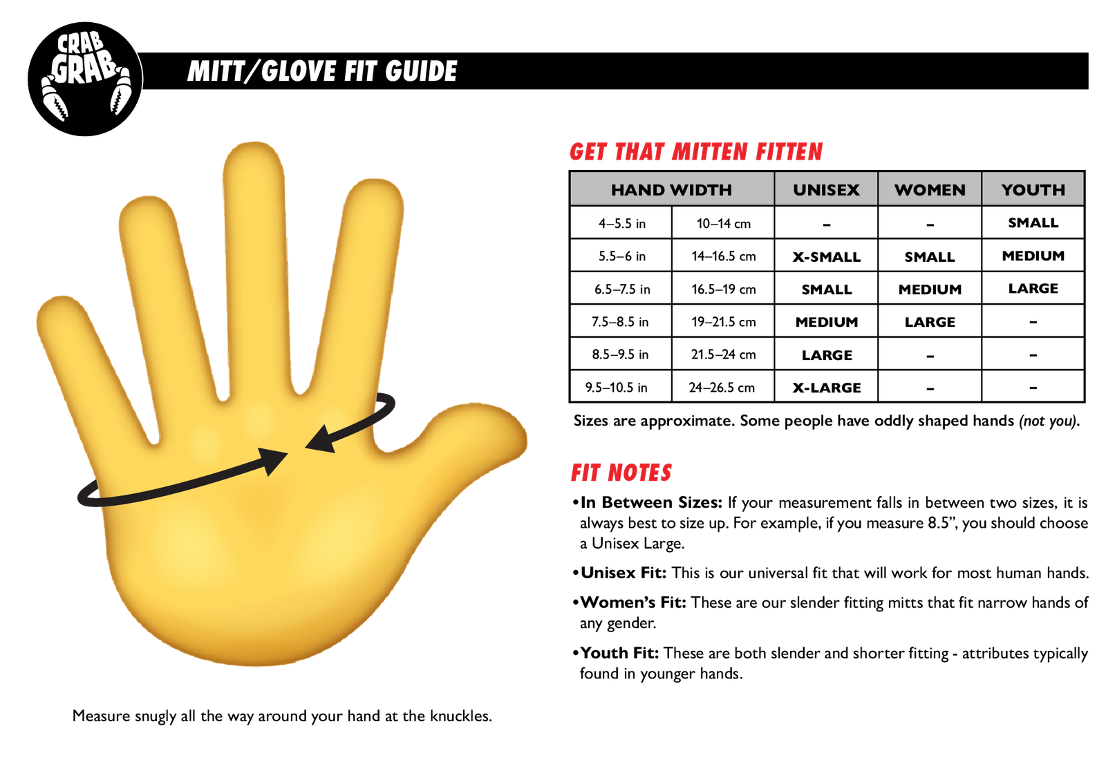Crab Grab Mitten and Glove Fit Guide